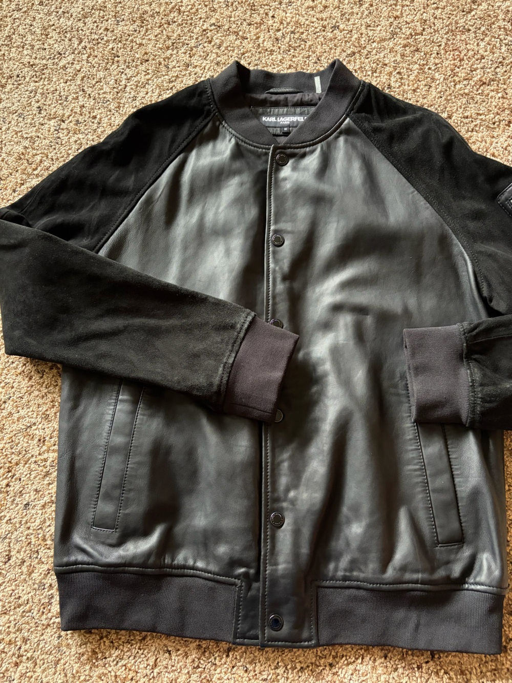 Karl Lagerfeld Black Leather Bomber Jacket